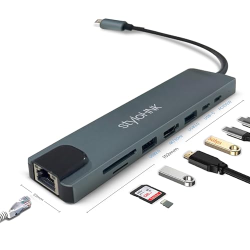 StyloHNK 8-in-1 USB-C Docking Station – Dual Monitor Laptop USB c Adapter with HDMI, USB Hub, USB-C Dock Adapter, USB Dock for Laptops, mini pc, Monitor