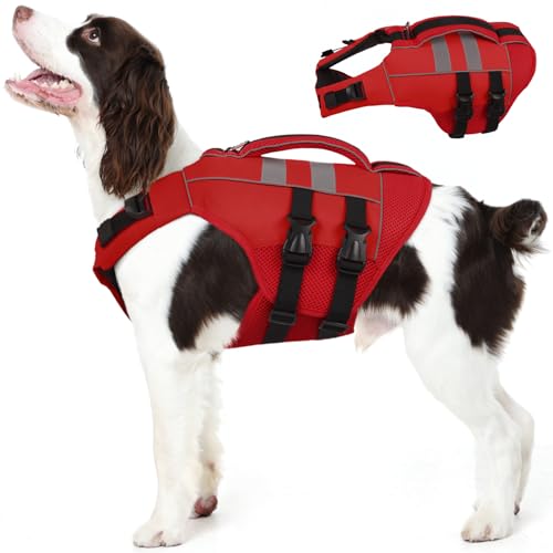 Kuoser XL Dog Life Jacket, Large High Flotation Dog Life Vest for Swimming Boating, Reflective Dog Swimming Vest Pet Life Preserver with Rescue Handle, Red XL