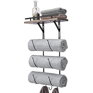 Towel Rack Holder for Bathroom Wall Mounted,Metal Towel Racks with Wooden Shelf and 3 Hooks,Storage Organizer for Bath Towel,Beach Towel,Hand Towel,Washcloth,Small Towel