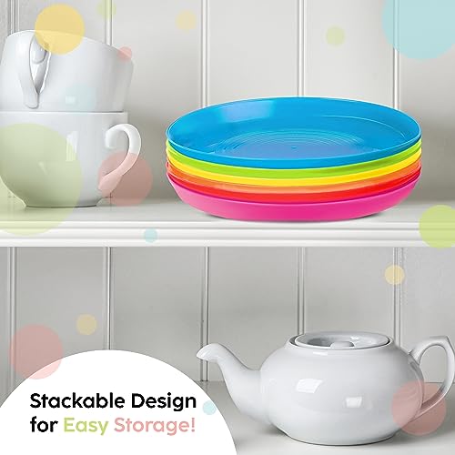 Kids Plates Set of 12 - Toddler Plastic Dinner Plates - BPA FREE, Microwave & Dishwasher Safe, Brightly Colored 7 Inch
