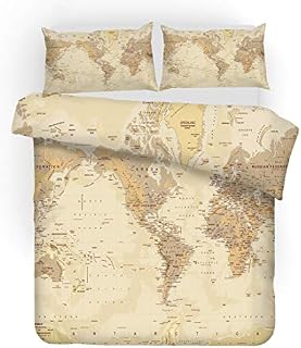 World Map Duvet Cover Set 3 Pieces,Antique Map Retro Style Blue Ocean and Yellow Land Duvet Cover with Zipper Closure,Soft Microfiber Quilt Cover with 2 Pillowcases (Beige, Double 200 x 200 cm)