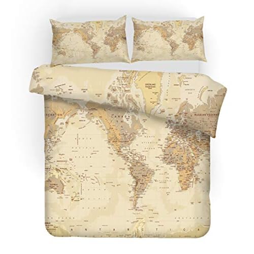 WONGS BEDDING Bettwäsche 135x200 Galaxie Bettwäsche 2 Teilig Junge Bettwäsche Mikrofaser Universum Wendemotiv Bettwäsche Wendebettwäsche Deckenbezug mit Reißverschluss und Kissenbezug 50×75 2 Weltkarte Bettwäsche Set 3-teilig,Antike Karte World Map Retro-Stil Blaues Meer und Gelbes Land Bettbezug mit Reißverschluss, Weiche Mikrofaser mit 2 Kissenbezügen (Beige, Single 135 x 200 cm)