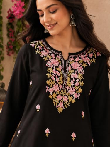 Image of QAZMI Women's Bahar Kashmiri Zari Resham Work Viscose Rayon Full Sleeves A-Line Short Kurti
