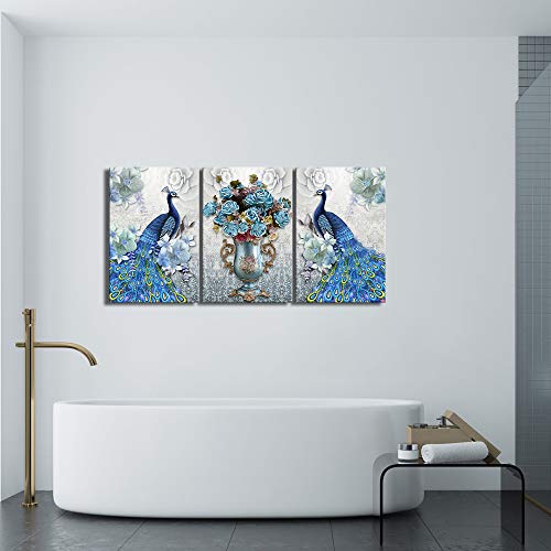 Dekhome 3 Pieces Blue Peacock Canvas Wall Art Elegant Flower Bouquet Vase Giclee Wall Art Peacock Picture Paintings Stretched And Framed Vintage Home Office Living Room Bedroom Decor 16"X24"X3Pcs #TOP2