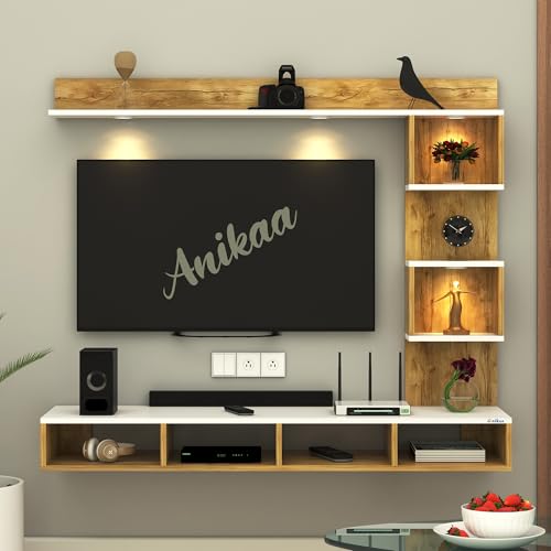 Image of Anikaa Kirina Engineered Wood Wall Mount TV Unit with LED Lights TV Cabinet TV Entertainment Unit Set Top Box Stand (Giantwood /White) (Ideal for 43 Inch)(D.I.Y)