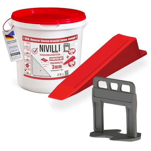 Nivilli KEILY Starter-Set - 300x Laschen + 100x Keile. Zangenloses Profi Nivelliersystem. Verlegehilfe Fliesen. DAS BESTE ZUM GÜNSTIGEN PREIS! 3mm Fugenbreite, Materialstärke 3-15mm