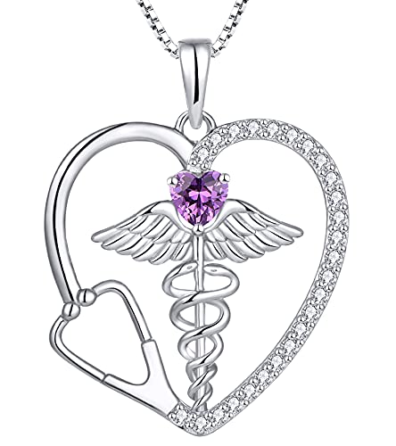 Yl Caduceus Heart Necklace For Women Sterling Silver Doctor Nurse Themed Stethoscope Pendant Created Amethyst Angel Wings Snake Jewelry #TOP7