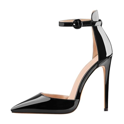 blingqueen Damen Riemchen Pumps Pfennigabsatz High Heels Spitze Metallic Lackschuhe mit Knöchelriemchen Schnalle Schwarz 44 EU blingqueen Damen Riemchen Pumps Pfennigabsatz High Heels Spitze Metallic Lackschuhe mit Knöchelriemchen Schnalle Schwarz 44 EU