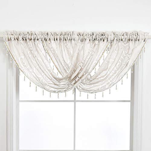 Napearl Beaded Kitchen Window Valance Curtains-Waterfall Swag Curtains With Floral Pattern, Premium Jacquard Sheer Valance For Bathroom Small Window, 1 Piece ( 57 X 37 Inch, Silver White ) #TOP20