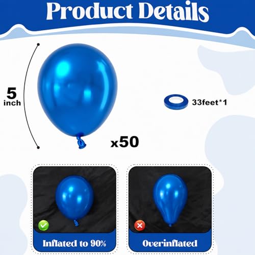 Image of Togvu Metallic Blue Balloons, 50Pack 5 Inch Small Mini Chrome Blue Latex Party Balloons for Graduation Retirement Bachelorette Birthday Party Decorations Supplies