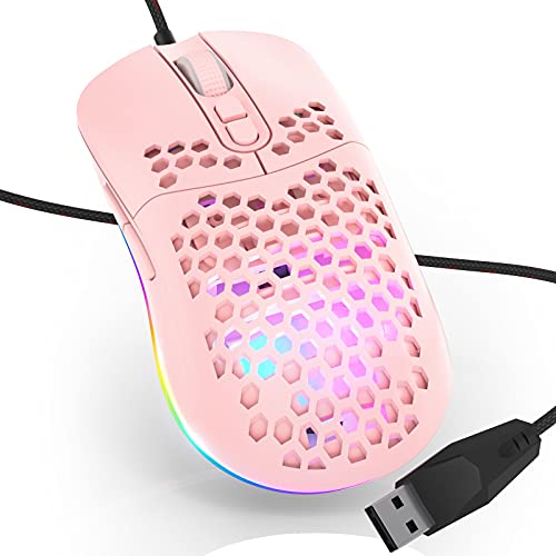 PASONOMI Gaming Maus Kabel, RGB Leichte PC Maus mit 7200 DPI Wired Mouse Ergonomische USB Gaming Mäuse für PC, Laptop (Rosa)