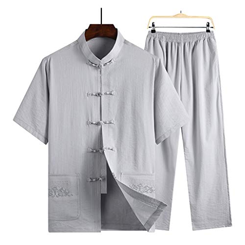 QPZK Traje de algodón y lino para hombre, uniforme de Tai Chi, ropa de kung fu, camisa de manga larga, color gris, talla 39