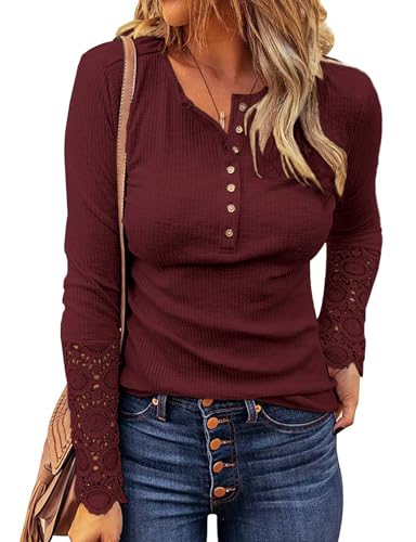 Image of Kancystore Women's Fall Long Sleeve Tops Lace V Neck Button Down Henley Shirts Tunic Blouses
