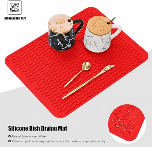 Image of HOMETHREADS Silicone Dish Drying Mat, Silicone Draining Board Mat, Silicone Dish Draining Mats, Kitchen Sink Dish Drainer Mat Racks for Kitchen Counter Protector, 40x30cm (Red)