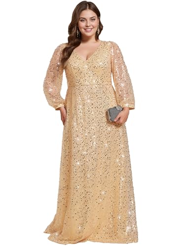 Ever-Pretty Abiti da Sera Donna Elegante Manica Lunga Slim Vita Alta Brillantini Tulle Vestito da Cerimonia Maxi Lungo