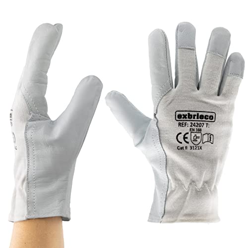 EXBRIECO, Guantes de Trabajo de Piel, Pack de 1/3/6 o 12 Pares, Alta Resistencia a la Abrasión y Perforación, Antidesgarros, Dorso de Algodón, Cómodos y Suaves, Duraderos, Diferentes Tallas Cover
