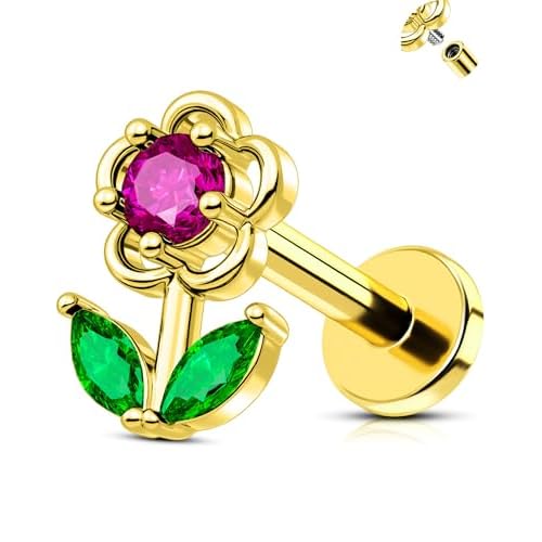 OUFER 16G Floral CZ Helix, Tragus & Cartilage Piercing Jewelry Collection - Stainless Steel, Internally Threaded, Flat Back Stud Earrings for Women & Men (Multiple Colors, 6MM, Lip Labret Pi