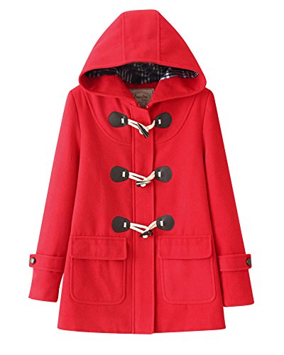 DianShao Mujer Trench Calentar Outwear Capucha Cremallera Botón Chaquetas Parkas Rojo XL