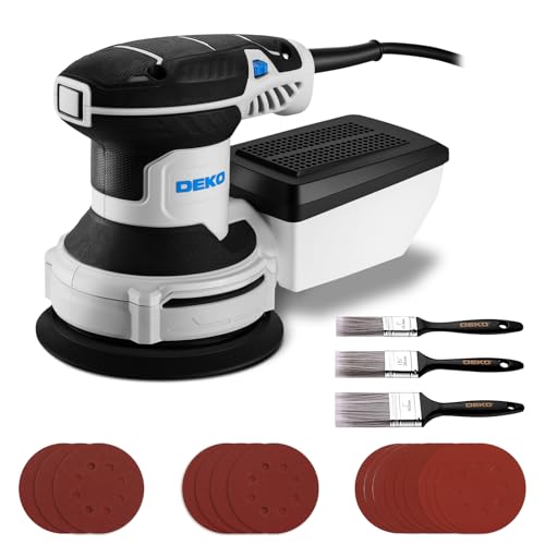Electric Orbital Sander for Wood: DEKOPRO Sanding Machine with Dust Collector,16Pcs Sandpapers, 6 Variable Speed 14000RPM, 125MM Hand Tool, 3*Flat Paint Brushes,Fit for Woodworking/Sanding(Blue)