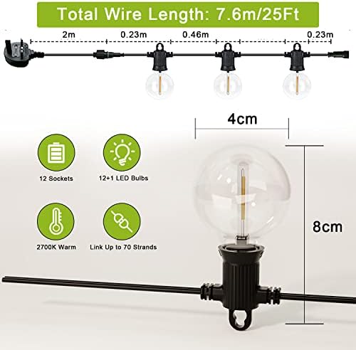 Kawaya Outdoor String Lights Mains Powered 25FT Outdoor LED String Lighting Waterproof IP65 Garden Festoon Lights Soft White with 12+1 Edison Bulbs for Outside Gazebo Backyard Balcony Bar Porch Party