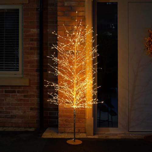 Image of Festive Lights - 1.8m 6ft Gold Microdot Dewdrop Indoor Outdoor Christmas Tree - 1500 Warm White LEDs, Flexible Twig Branches, Mains Powered, Static Glow, IP44 Rated, 5m Cable, Iron Frame, Modern Decor