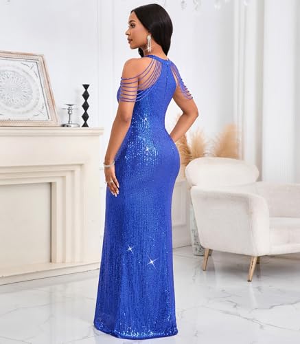 Image of Cololura Women Sexy Elegant Sequin Tassel Off Shoulder Halter Bodycon Maxi Dress Party Evening Gown Formal Dress