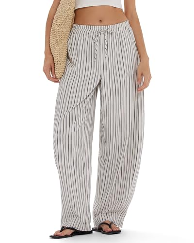 MOOSLOVER Women Linen Lightweight Barrel Striped Pants Drawstring Comfort Casual Lounge Pants Baggy Loose Ankle Pants with Pocket (M Black Striped-1)