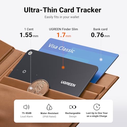 Image of UGREEN FineTrack Slim Wallet Tracker Card (iOS Only), Bluetooth Tracker Card Finder 0.07in &IP68 Waterproof &One Charge Lasts A Year, Work with Apple Find My Rechargeable Tracker[Apple MFi Certified]