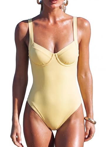 SUUKSESS Women Sexy Underwire One Piece Swimsuit Cut Out Color Block Tummy Control Bathing Suit V Neck High Cut Swimwear (Yellow,M)