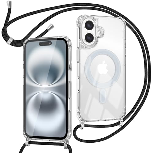 ZYIMOU für iPhone 16 Hülle mit Band Kompatibel mit MagSafe, Transparent Magnetische Handyhülle mit Kordel zum Umhängen Handyband Stossfest Schutzhülle，Kette Schwarz