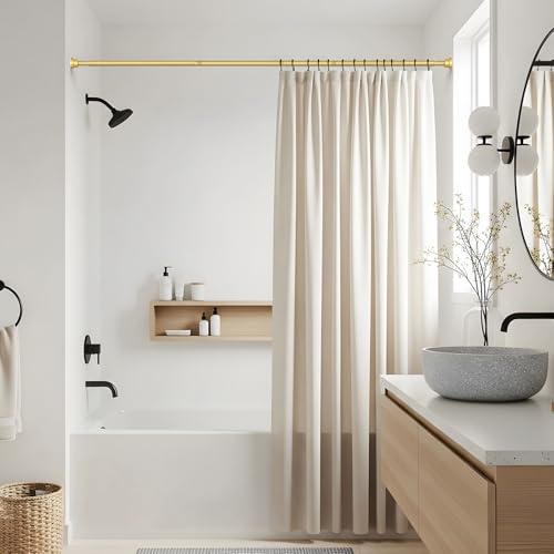 Image of Shower Curtain Rod 45 to 77 Inches Gold Tension Curtain Rod No Drilling Shower Tension Rod Adjustable Curtain Tension Rod Shower Rods for Bathroom,Windows
