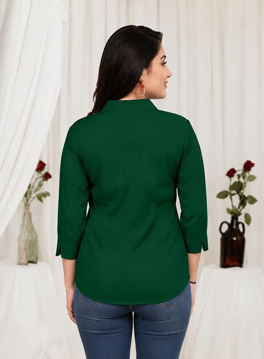 Image of Women's Formal Collared Shirt | Solid Office Wear Button-Up Top | Regular Fit 3 /4 Sleeve Business Shirt for Work & Casual Wear