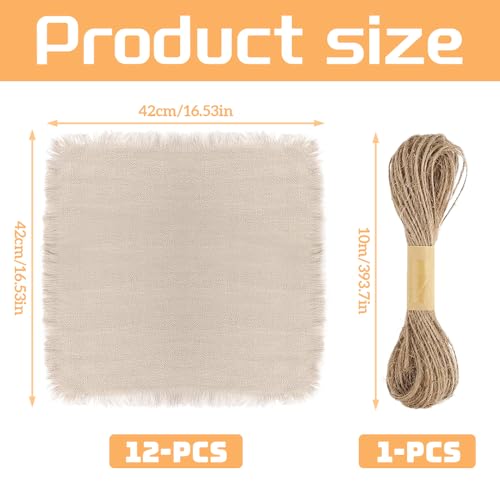 KQWVZ 12 Stück Stoffservietten Mit Fransen, 42x42cm Leinenservietten, Leinen Servietten Mit 1 Stück 10m Schnur, Servietten Stoff Weich Abwaschbare Wiederverwendbar Für Hochzeit, Abendessen