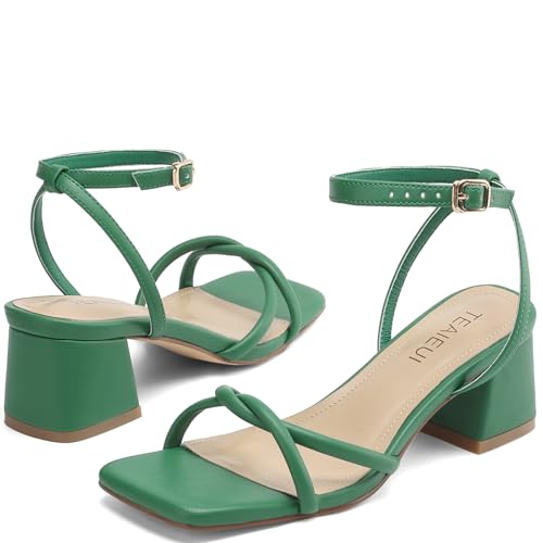 Image of TEAIEUI Chunky Heels for Women, Square Open Toe Heeled Sandals, Strappy Ankle Strap Shoes for Dress, Party, Prom, Block Low Heel 2 inch