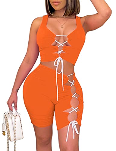 Sexy 2 Piece Outfits for Women Clubwear Summer Lace Up Crop Tops and Shorts Set Orange M