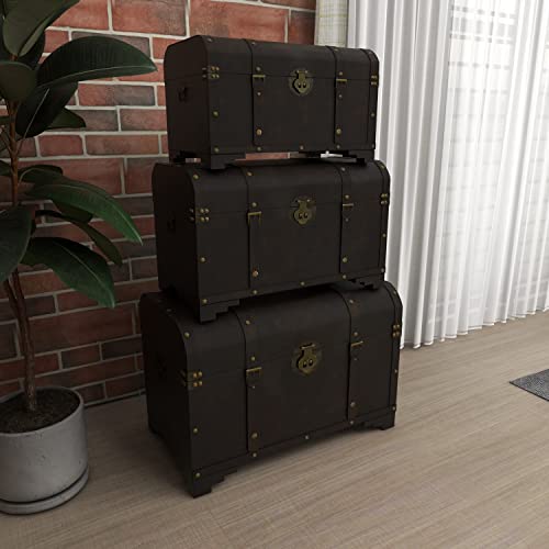 Deco 79 Wood Nesting Upholstered Trunk With Vintage Accents And Studs, Set Of 3 28", 24", 20"W, Brown #TOP5