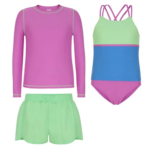 Image of Saint Eve Kids 4-Piece Swimsuit Set UPF 50+ Girls Long Sleeve Rash Guard Tankini Top Bikini Bottom & Swim Shorts