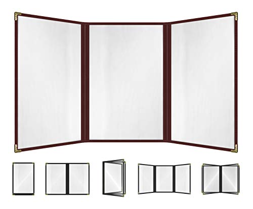 Goodsmart Restaurant Menu Covers – 25 Pack Burgundy 6-View Trifold 8.5" x 14", Side-Loading Vinyl &amp; Plastic Menu Holders, Clear Menu Sleeves, Leather-Style Café Covers with Gold Corners