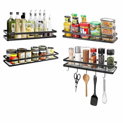 Image of Wall Mounted Spice Rack Organizer Hanging Spice Seasoning Rack bathroom Shelf Holder with 5 utensils hanging hooks Organizer Storage for Kitchen Cabinet (set of 4)