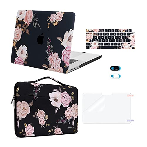 MOSISO Compatible with MacBook Pro 16 inch Case 2021 2022 Release A2485 with M1 Pro / M1 Max Chip Touch ID, Plastic Peony Hard Shell Case&Sleeve Bag&Keyboard Skin&Webcam Cover&Screen Protector, Black