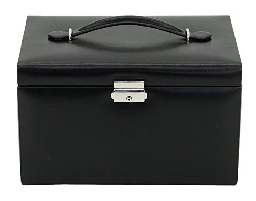 Preisvergleich Produktbild Friedrich23 Schmuckkoffer Schmuckkasten Classico aus Leder in schwarz - 3 Schubfächer, 2 Abdeckkissen, Spiegel