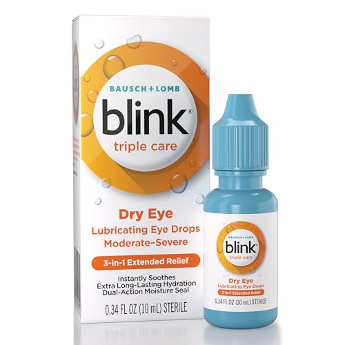 BLINK Triple Care Eye Drops for Dry Eyes, Lubricant Eye Drops, Soothing for Moderate to Severe Dry Eyes, with Hyaluronate, Reduces Discomfort, Long-Lasting Hydration, 0.34 Fl Oz