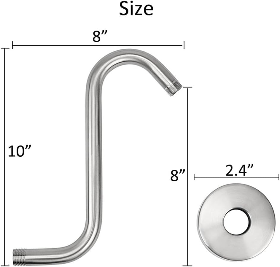 S Shaped Shower Arm Standard 1/2" Connection with Flange High Rise Shower Head Extension Pipe Shower Arm Extender Wall Mounted Bathroom Accessories Stainless Steel (Brushed) image 4