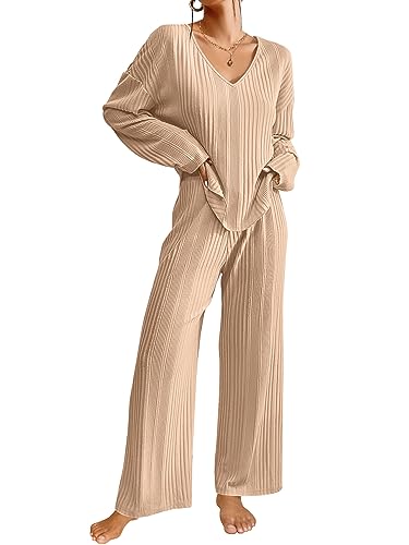 Ekouaer Womens Ribbed Knit Pajamas Set V Neck Long Sleeve Pj Set 2 Piece Loungewear Casual Sleepwear