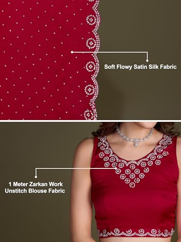 Trendmalls Women's Satin Siroski work Saree with Unstitched Blouse Piece (K1069-Red)