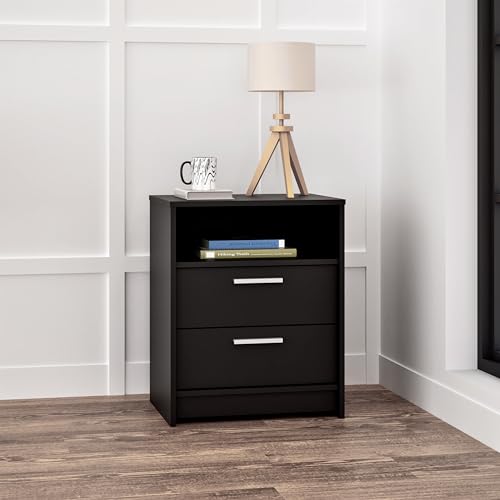 Image of Prepac Studio Essentials Nightstand Bedside Table, Black Nightstand for Bedroom, End Table with 2 Drawers and Open Shelf 16 inch D X 21.25 inch W x 26.25 inch H