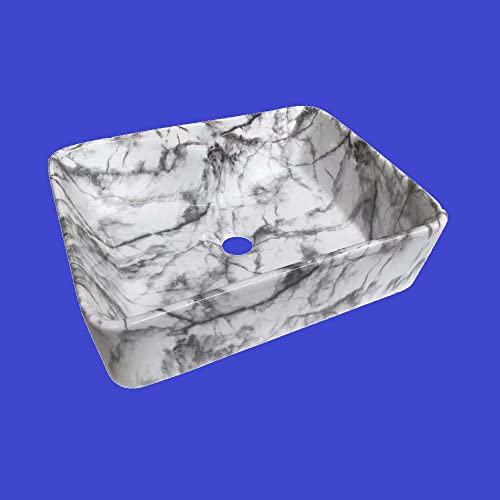 Image of Designer Table Top Vessel Sink Glossy Finish White Grey Wash Basin for Bathroom (19 x 15 x 5.5 Inch)