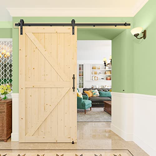40 x 84 Sliding Barn Door with 7 FT Barn Door Hardware Kit, DIY Unfinished K-Frame-Installation Required-Includes Barn Door Slabs, Barn Door Hardware, Handle, Floor Guides, and Latch Lock