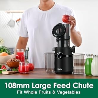 Fretta Cold Press Juicer Machines, Self-Feeding juicer with 108mm&1.0L Feeding Chute for Whole Fruits and Vegetables, Automatic 200W Masticating Juicer, High Yield Juice Extractor, BPA-Free, Black