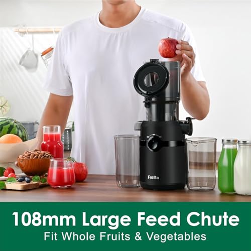 Fretta Cold Press Juicer Machines, Self-Feeding juicer with 108mm&1.0L Feeding Chute for Whole Fruits and Vegetables, Automatic 200W Masticating Juicer, High Yield Juice Extractor, BPA-Free, Black